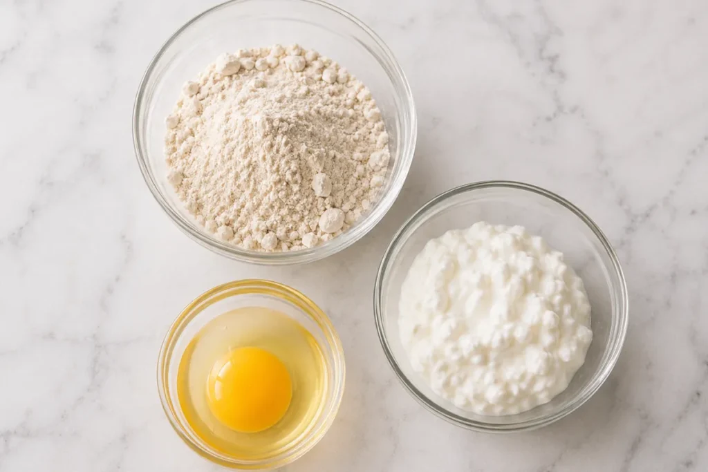 Ingredients for cottage cheese Kodiak pancakes with Kodiak mix, cottage cheese, egg, and milk