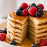 Fluffy cottage cheese Kodiak pancakes stacked with maple syrup and fresh berries for a high protein breakfast