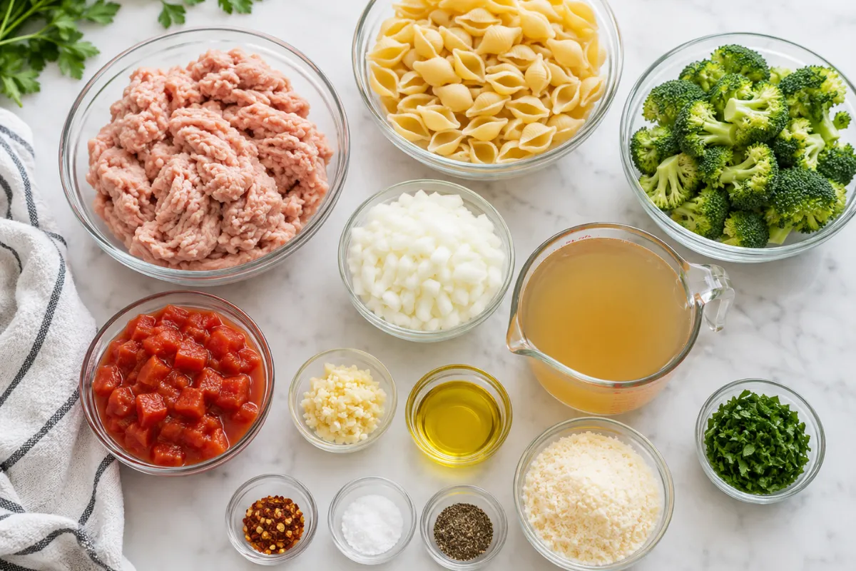 Ingredients for ground turkey and broccoli pasta including turkey, penne, broccoli florets, garlic, and Parmesan laid out on a counter