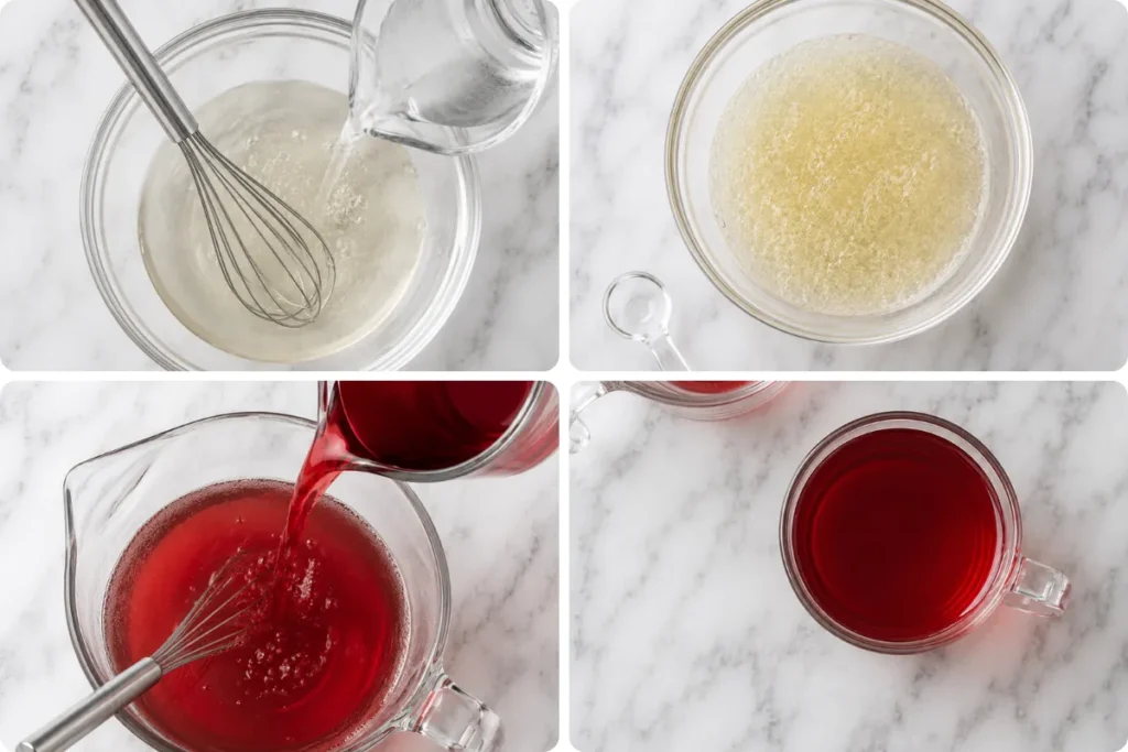 Step 3 of bariatric gelatin recipe: pouring bloomed gelatin into heated sugar-free cranberry liquid in a small saucepan
