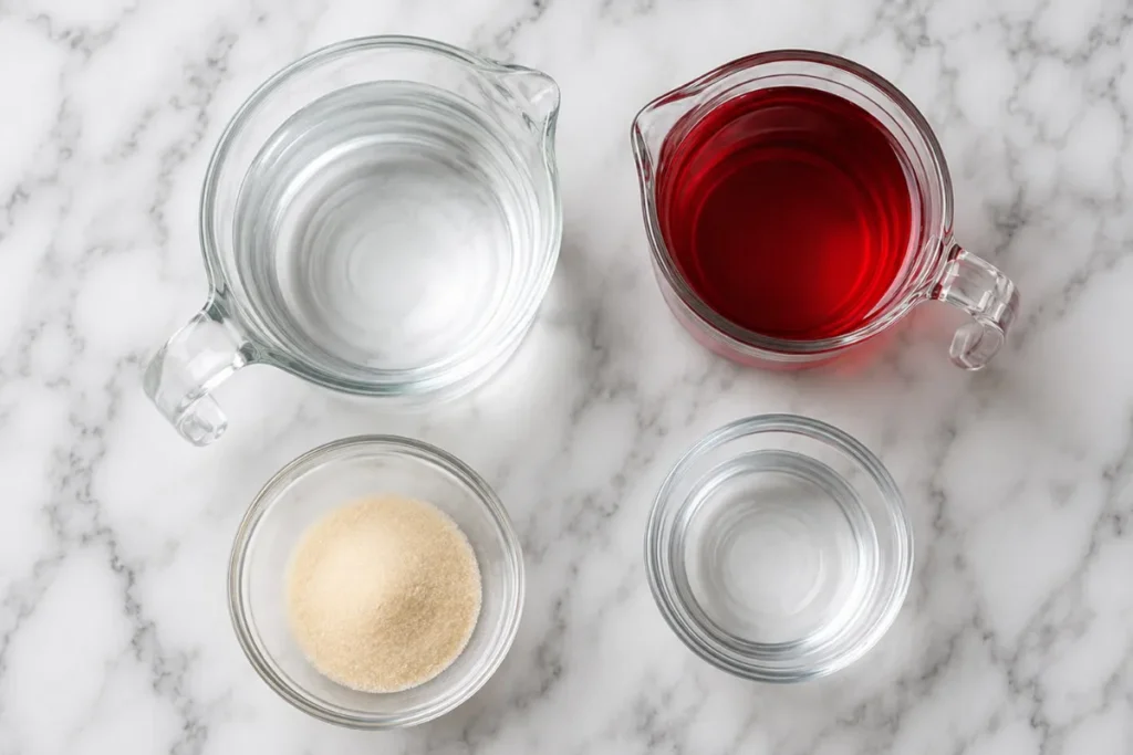 Ingredients for bariatric gelatin recipe: unflavored gelatin powder, sugar-free cranberry juice, clear whey isolate, lemon, stevia