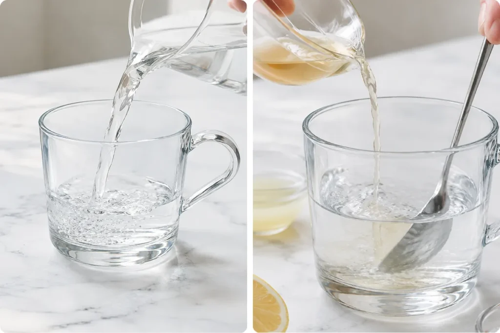 Stirring apple cider vinegar and fresh lemon juice into warm water to make the Dr Phil diabetes drink
