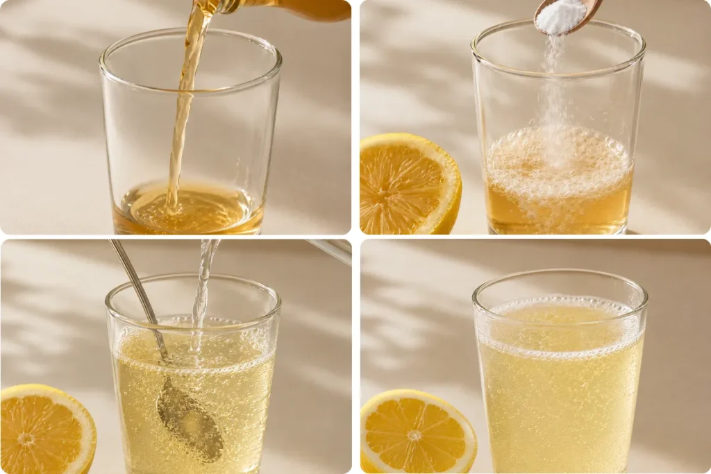 : Apple cider vinegar poured into a glass with baking soda and water to make an apple cider vinegar and baking soda weight loss drink