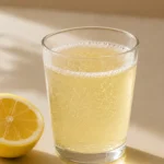 A glass of baking soda for weight loss drink with lemon slices and apple cider vinegar bottle on a white kitchen counter