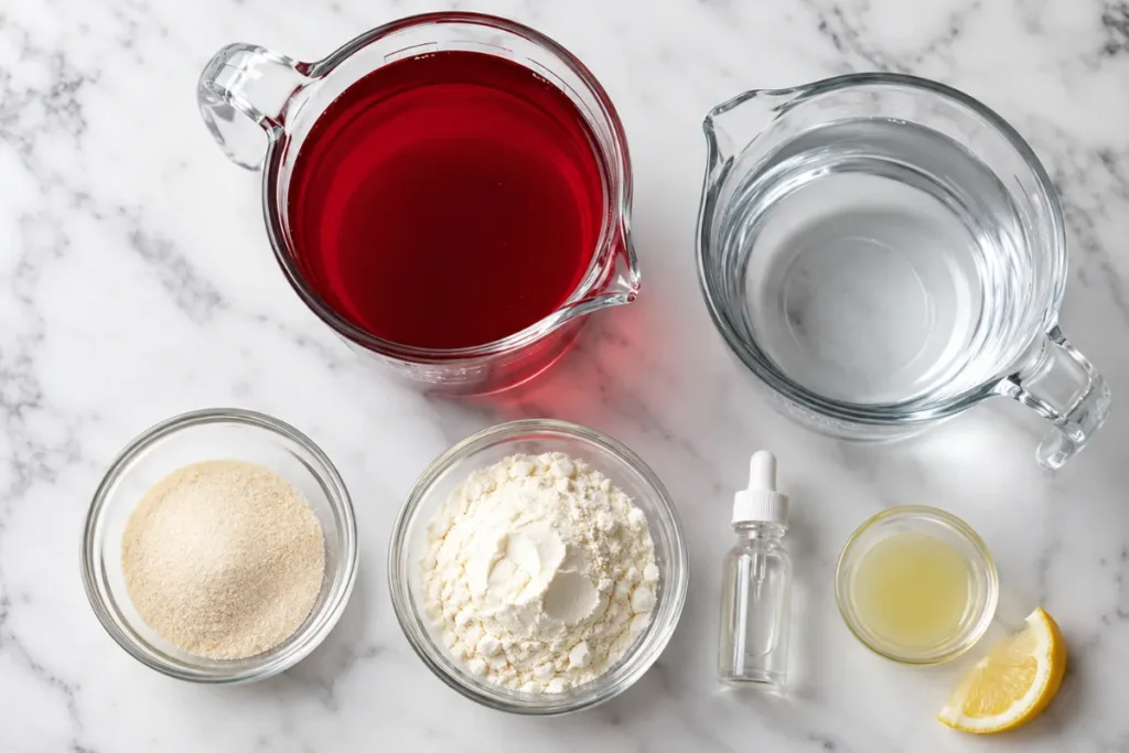 Ingredients for bariatric jello cups meal prep including unflavored gelatin clear whey isolate sugar free cranberry juice stevia and lemon on a kitchen counter