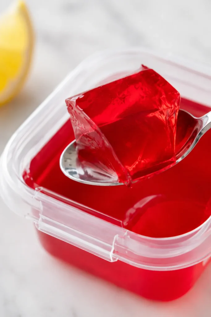 Bariatric jello cups meal prep recipe card showing 15 minute prep time 4 hour chill and 10 grams of protein per cup
