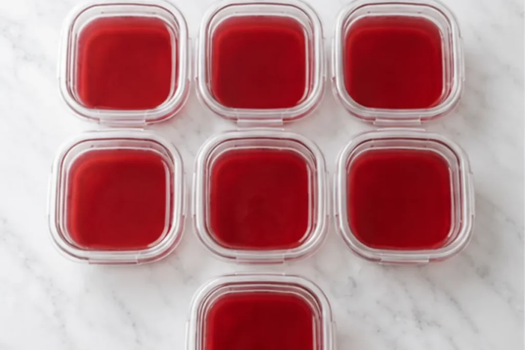 Layered bariatric jelly recipe variations in cranberry and lemon flavors set in clear glass meal prep containers