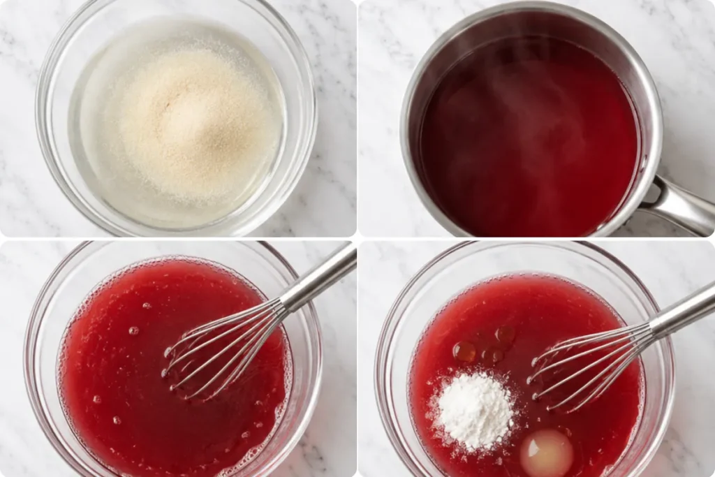 Bariatric jello cups meal prep step 3 pouring the protein mixture into seven labeled glass meal prep containers