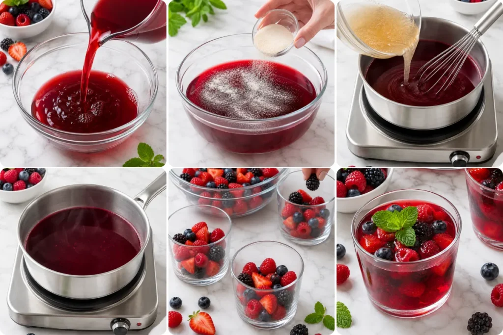 Whisking bloomed gelatin into warm berry juice in a saucepan