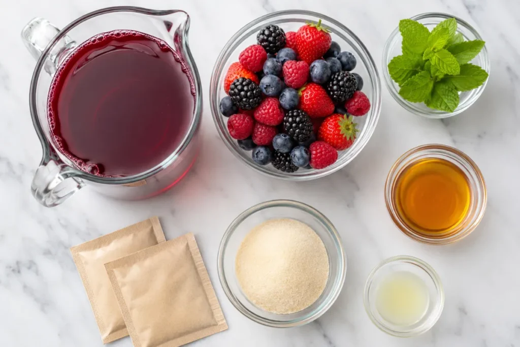 Ingredients for berry juice gelatin dessert including pomegranate juice and unflavored gelatin
