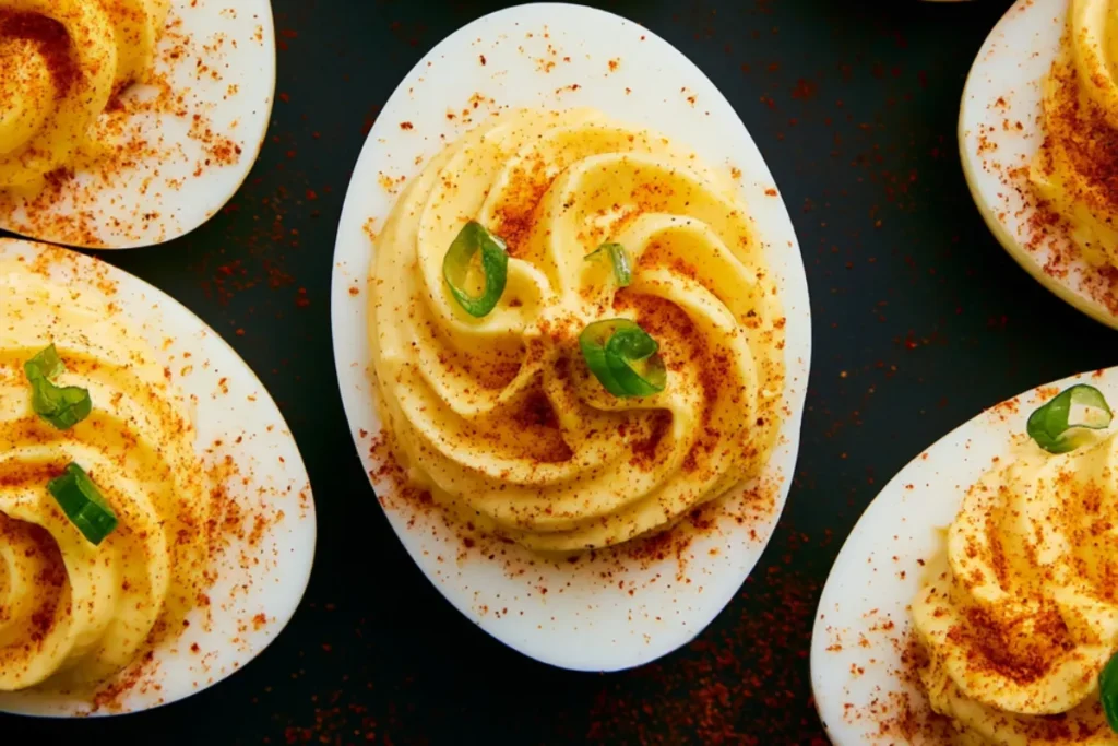 Deviled eggs with paprika topped with bacon bits and smoked paprika variation