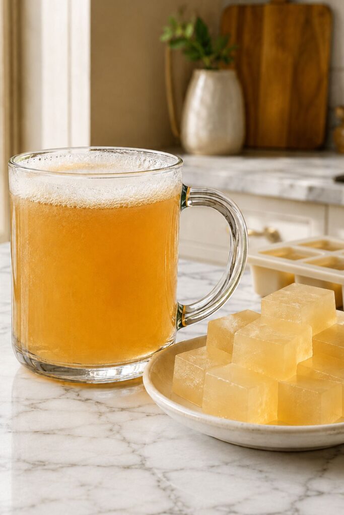 Gelatin horse trick recipe served warm in a clear glass with fresh lemon and apple cider vinegar on a marble kitchen counter