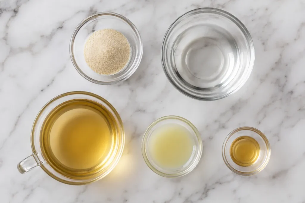 Ingredients for the gelatin horse trick recipe including unflavored gelatin powder, warm water, fresh lemon, and apple cider vinegar laid out on a wooden board