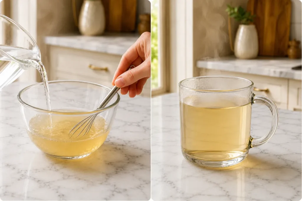 Step 1 of the gelatin horse trick recipe showing unflavored gelatin powder blooming in cold water inside a small glass