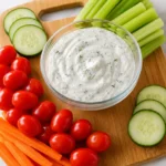 Greek yogurt ranch dip low sodium in a small bowl surrounded by fresh vegetables for dipping