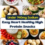 Heart healthy low sodium high protein snacks including unsalted edamame, tuna cucumber bites, and peanut butter oat balls arranged in small bowls