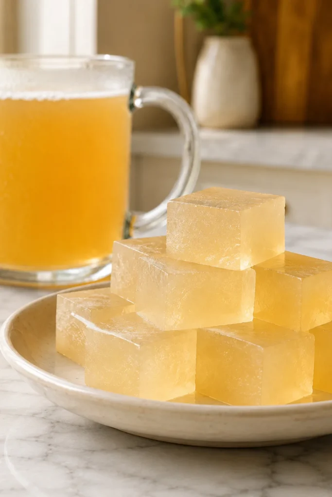 Daily horse gelatin dosage for men shown with a measured tablespoon of unflavored gelatin powder beside a small glass of warm water