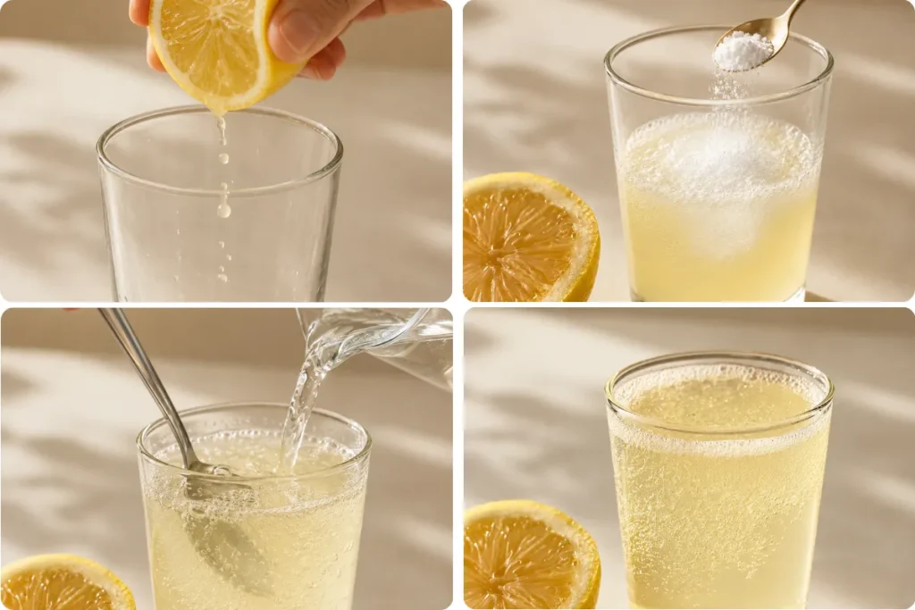 Fresh lemon juice being squeezed into a glass with baking soda fizzing, showing how to make a lemon and baking soda drink for weight loss