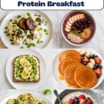 10 low sodium high protein breakfast recipes collage featuring smoothie bowl, oatmeal, and homemade breakfast sausage for heart healthy mornings