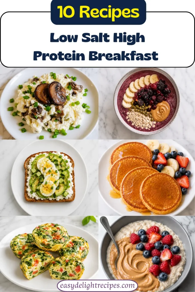 10 low sodium high protein breakfast recipes collage featuring smoothie bowl, oatmeal, and homemade breakfast sausage for heart healthy mornings
