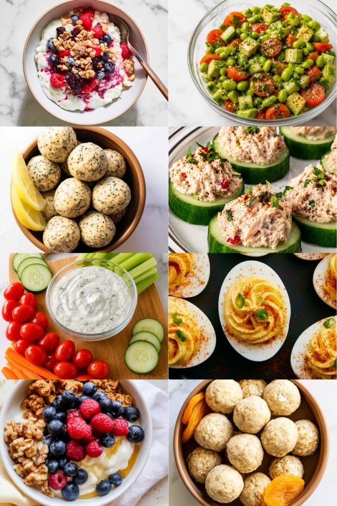 Low sodium high protein snacks platter with cottage cheese berry bowl, boiled eggs with paprika, and energy balls on a white marble board