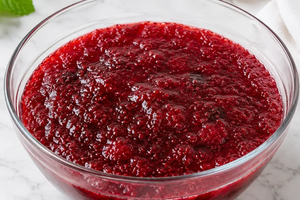  Layered berry juice gelatin dessert with two juice colors in a glass cup