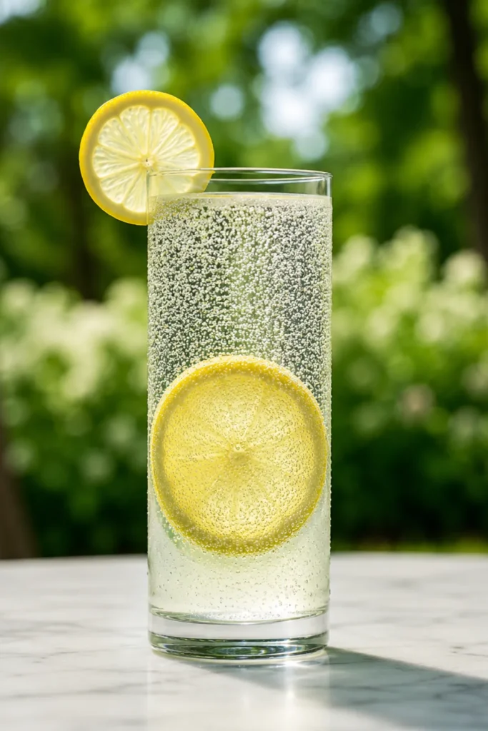Oprah baking soda recipe served in three clear glasses with lemon and apple cider vinegar on a marble counter