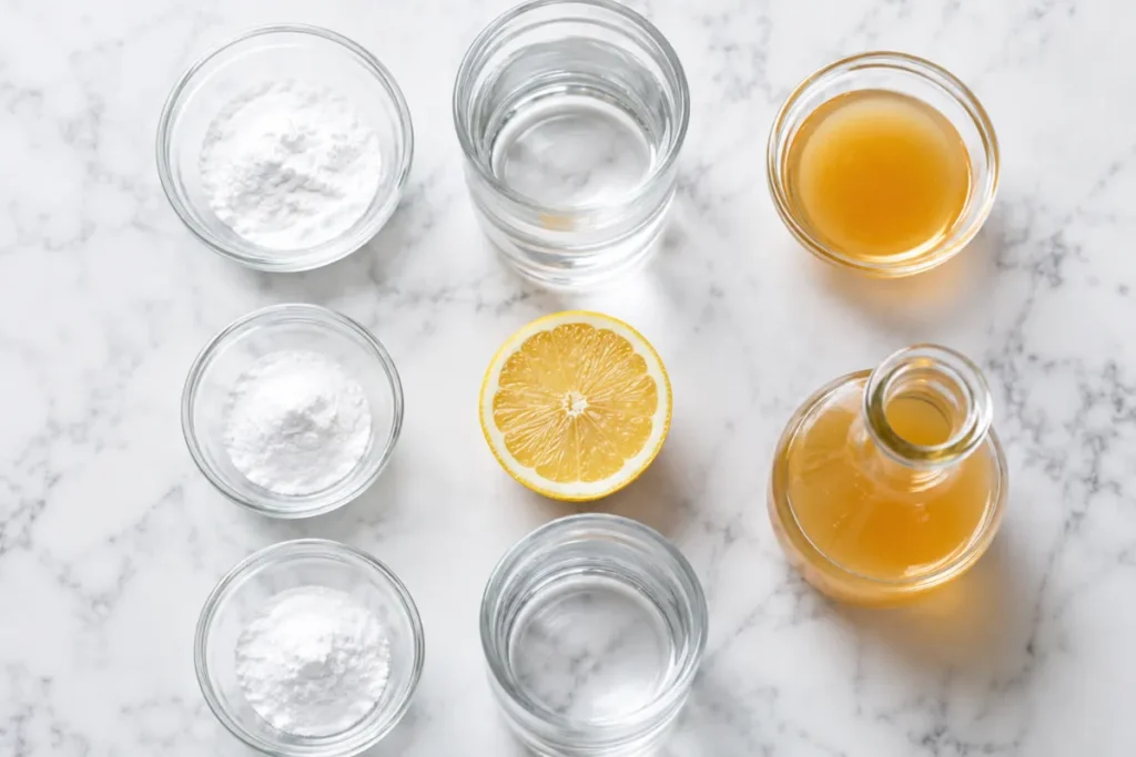 Oprah baking soda recipe ingredients including baking soda, fresh lemon, apple cider vinegar, and filtered water on a white surface