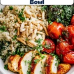 low salt chicken quinoa bowl pin image with text overlay and a top down photo of the bowl