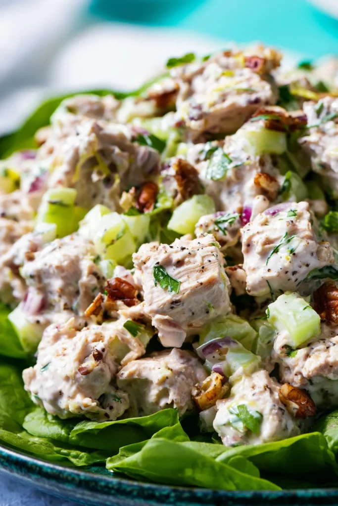 Low salt chicken salad greek yogurt served in a white bowl with fresh herbs and toasted pecans on top
