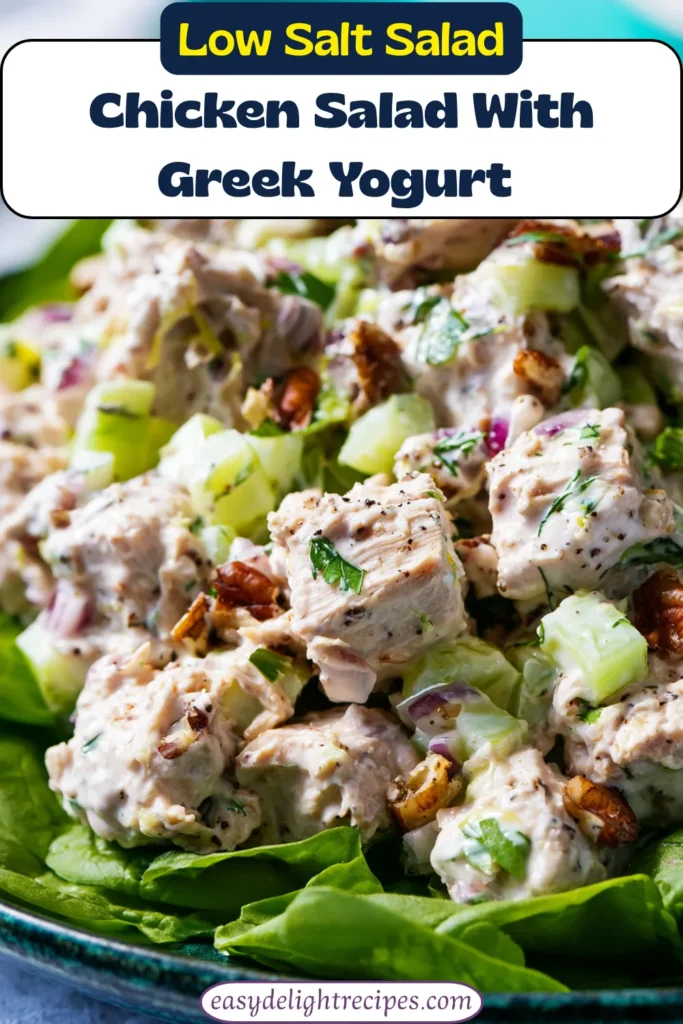 Low salt chicken salad with greek yogurt in a bowl with text overlay showing recipe name and prep time of 15 minutes