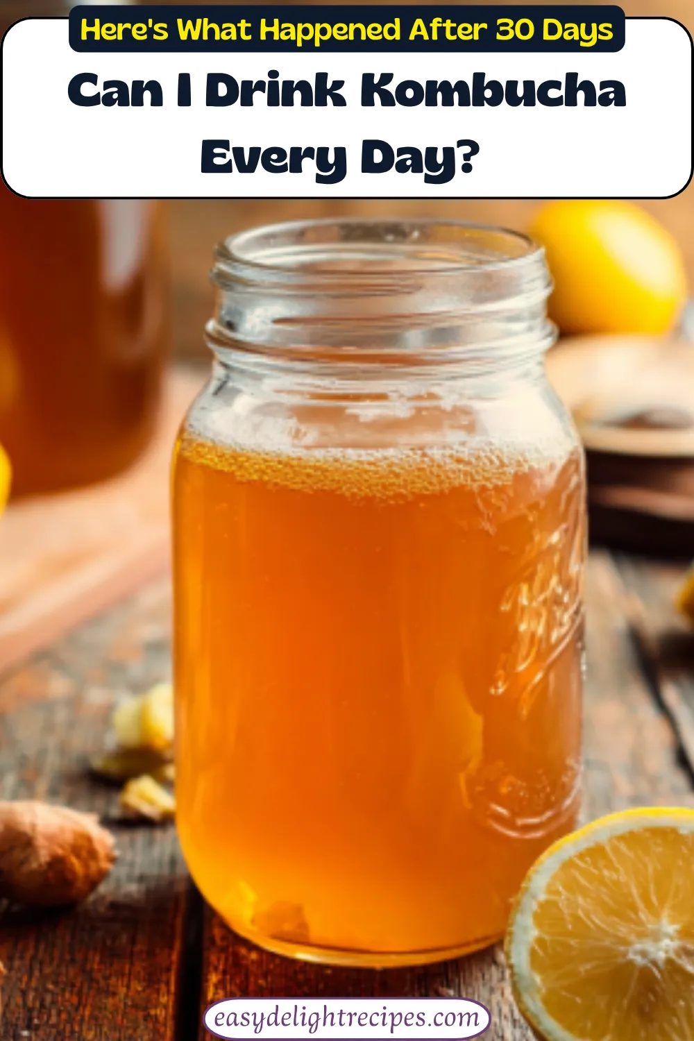 Three bottles of homemade kombucha in different flavors including ginger lemon, berry burst, and tropical twist lined up on a kitchen counter