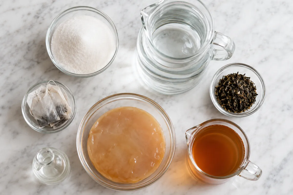 ingredients for an easy kombucha recipe including sugar, tea leaves, a SCOBY, and filtered water laid out on a white surface